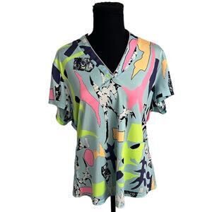 Jamie Sadock Colorful Abstract Print Short Sleeve Golf Athletic Top, Size M
